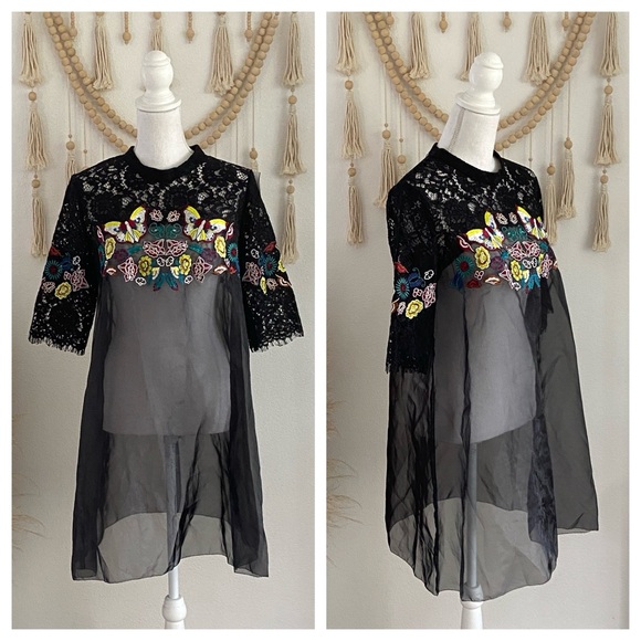 Dresses & Skirts - Beautiful black organza overlay babydoll sheer dress embroidered lace butterfly
